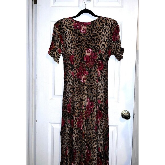 Vintage PRETTY PINK Short Sleeve Crinkle Animal Print Maxi Dress Gypsy 90s - Picture 10 of 11